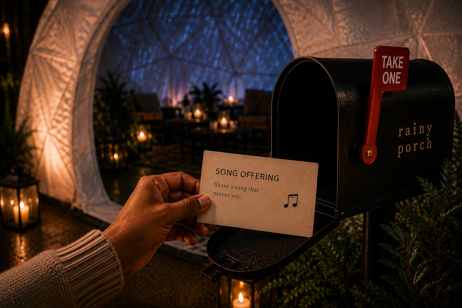 RITUALS | Guests help shape the experience by adding a song offering to the Rainy Porch mailbox and hearing selections woven into the night.